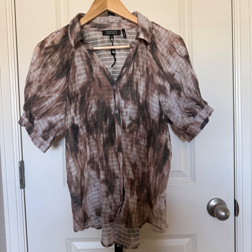 Badgley Mischka Womens Brown Tie‎ Dye Button Down Short Sleeve Blouse Neutral M